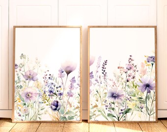 Purple Flower Wall Art, Wildflower Print Set of 2, Above the Couch, Nursery Wall Decor