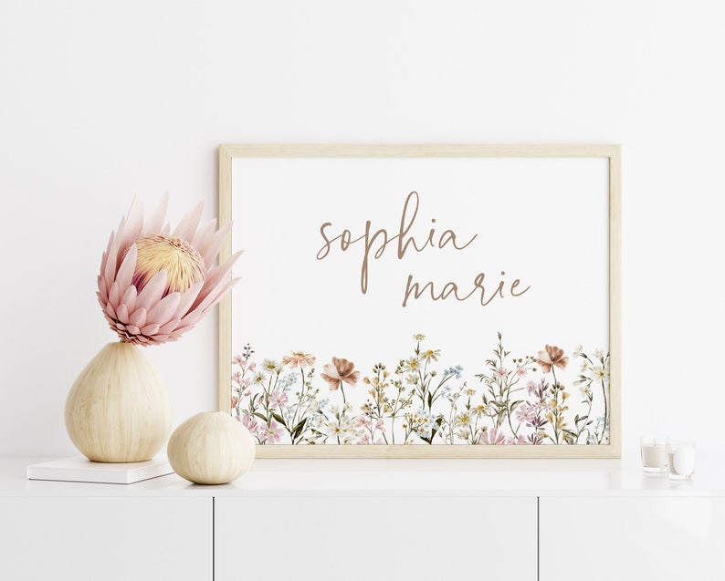 Nursery Name Sign Girl Nursery Print Baby Shower Gift Minimalist Nursery Botanical Wall Decor Nursery Wildflower Wall Art Nursery Gift
