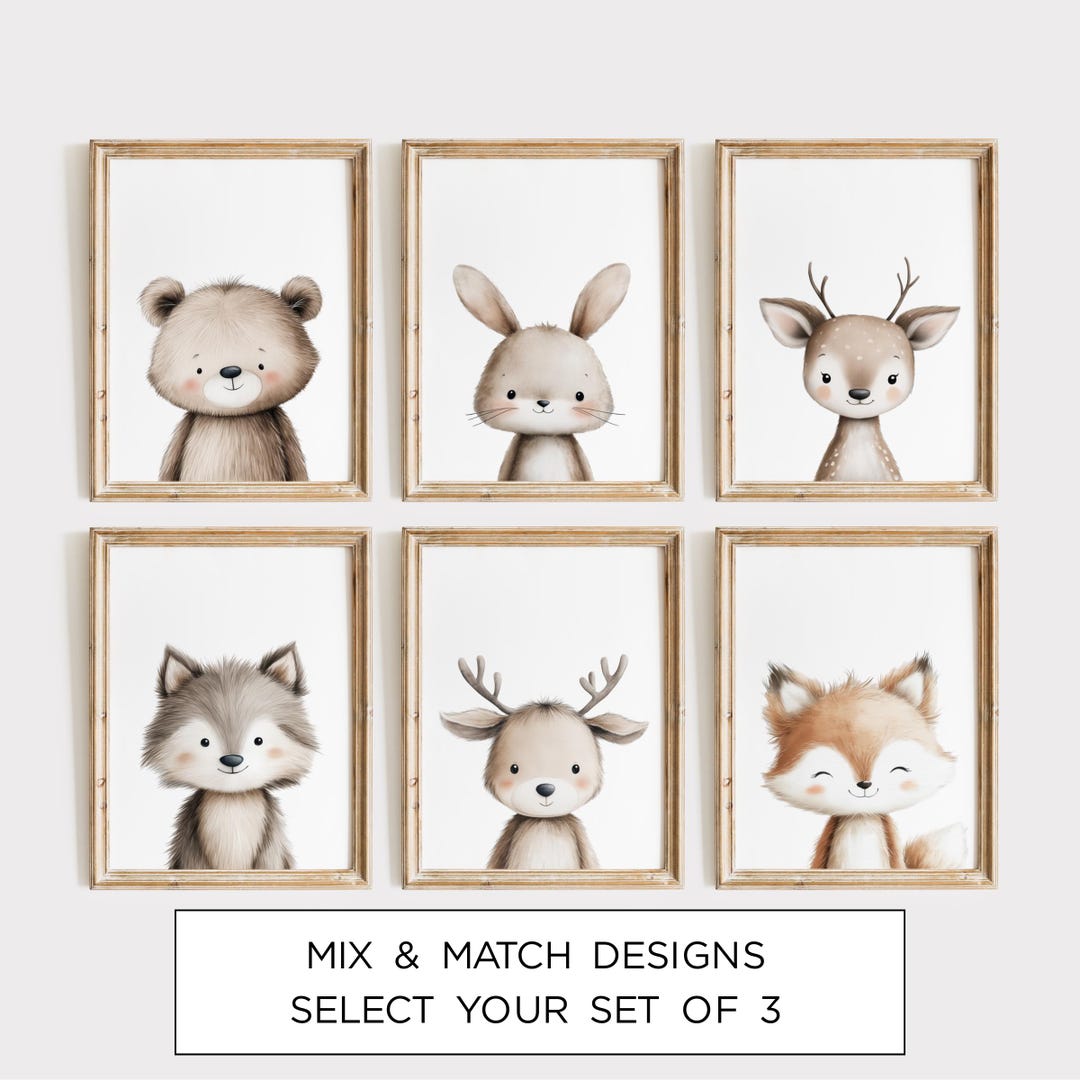 Woodland Animal Nursery Prints: Bear, Bunny, Fox Gender Neutral Set of ...