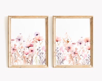 Watercolor Wildflower Prints, Pink Purple Floral Wall Art Set (2), Above Couch Decor