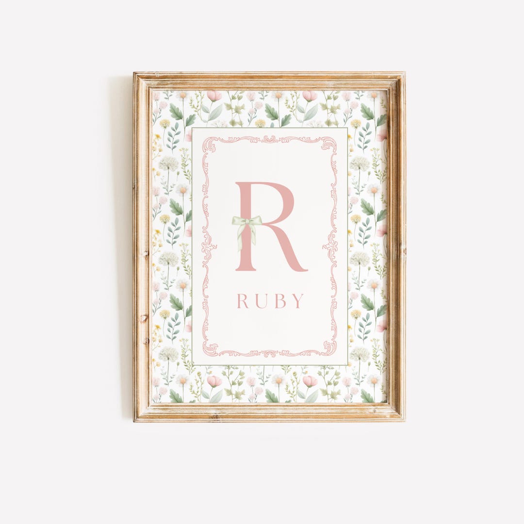 Custom Name Nursery Print, Sage Green and Pink Baby Initial Wall Art ...