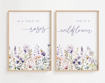 Girl Nursery Wall Art, Purple and Sage Nursery Wall Decor, Flower Prints for Baby Room