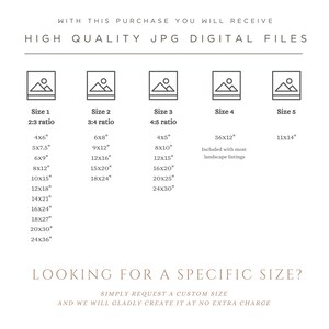 May include: A chart showing different sizes and aspect ratios for digital files. The chart includes five sizes with different dimensions in inches. The text "Looking for a specific size?" is at the bottom of the chart. The text "Simply request a custom size and we will gladly create it at no extra charge" is below the text "Looking for a specific size?"