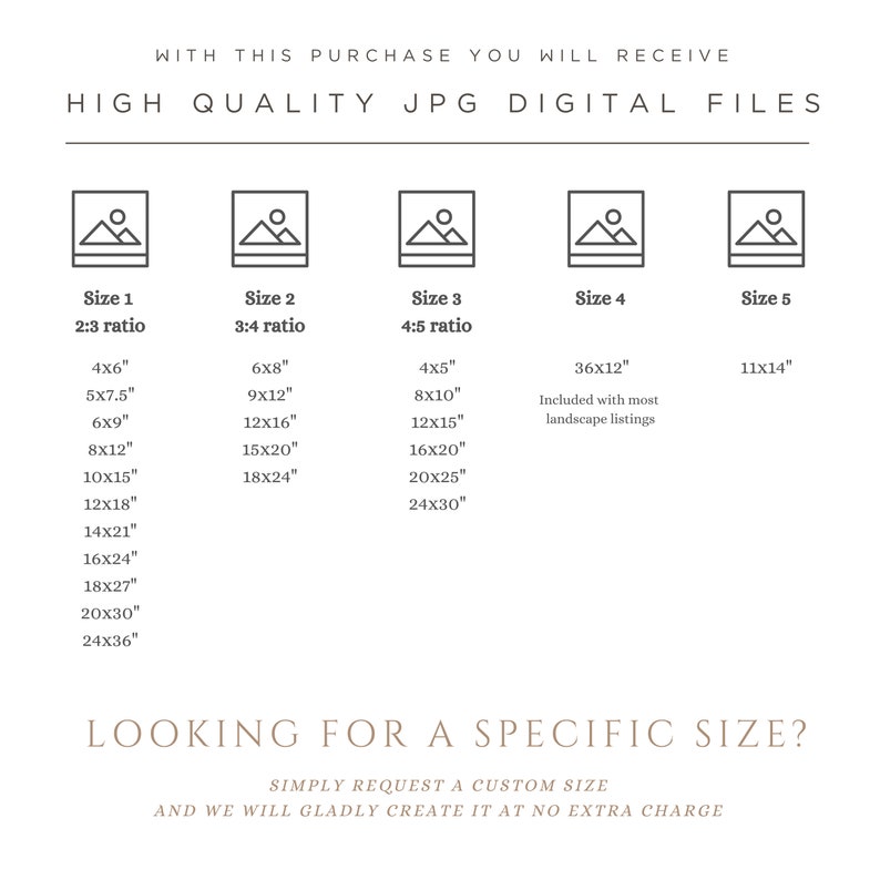 May include: A chart showing different sizes and aspect ratios for digital files. The chart includes five sizes with different dimensions in inches. The text "Looking for a specific size?" is at the bottom of the chart. The text "Simply request a custom size and we will gladly create it at no extra charge" is below the text "Looking for a specific size?"