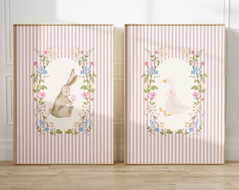 Rabbit and Goose Cottagecore Prints: Nursery Wall Art set of 2 for Girl Room