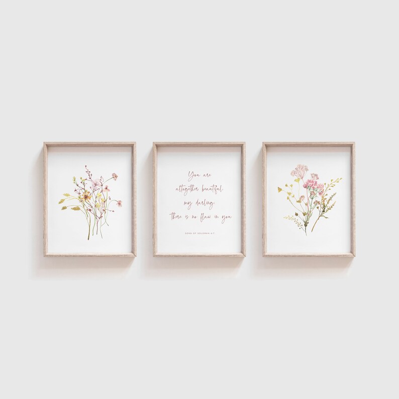 Christian nursery wall art set of 3 with assortment of wildflowers and a Song of Soloman bible verse