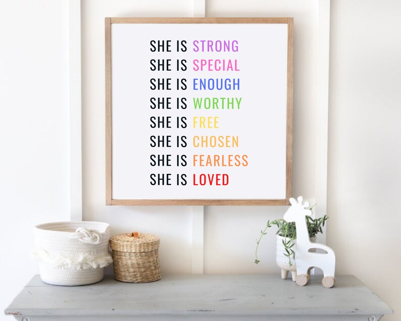 She Is Strong Print, Girl Room Decor, Girl Power Print, Rainbow Girls Room Decor, Girl Room Wall Art, She Is Loved image 3