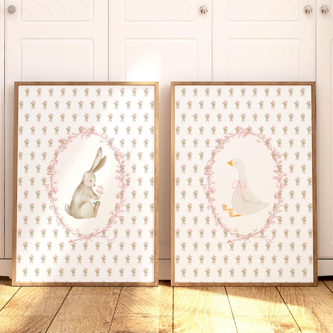 Nursery Cottagecore Prints: Rabbit and Goose Wall Art Pink Flowers for ...