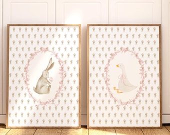 Nursery Cottagecore Prints: Rabbit and Goose Wall Art Pink Flowers for Girl Room