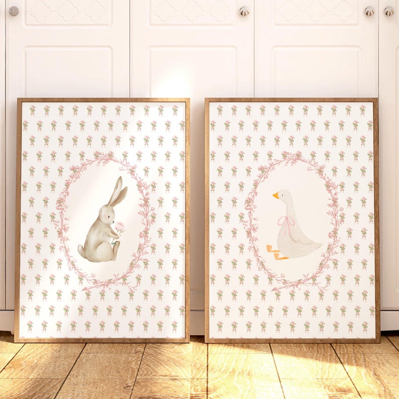 Nursery Cottagecore Prints: Rabbit and Goose Wall Art Pink Flowers for ...
