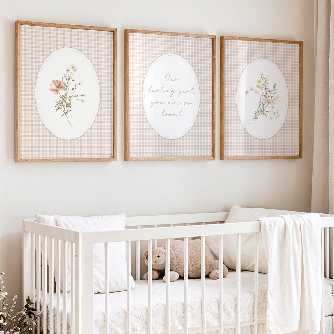 Our Darling Girl Prints, Girl Nursery Wall Art Set of 3, Pink Flower ...