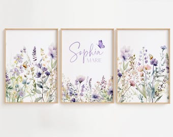 Butterfly Nursery Wall Art, Purple Flower Prints for Baby Girl Room, Above the Crib Wall Decor