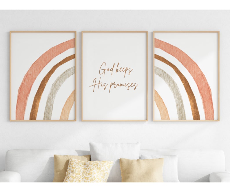 Christian nursery wall art set of 3 with a rainbow and quote God Keeps His Promises