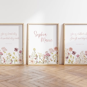 Wildflowers Nursery Prints Christian Nursery Name Sign Floral Print Set ...