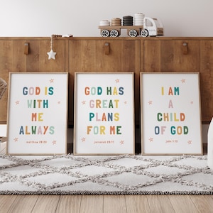 Boho Christian Nursery Wall Art Bible Verse Set of 3 Prints Scripture Baby Room Wall Decor Retro Nursery Print Set God is with Me Church Art