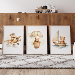 Teddy Bear Nursery Wall Art Neutral Teddy Bear Prints Cute Bear Posters Hot Air Balloon Nursery Bear Airplane Infant Wall Decor Toddler Room