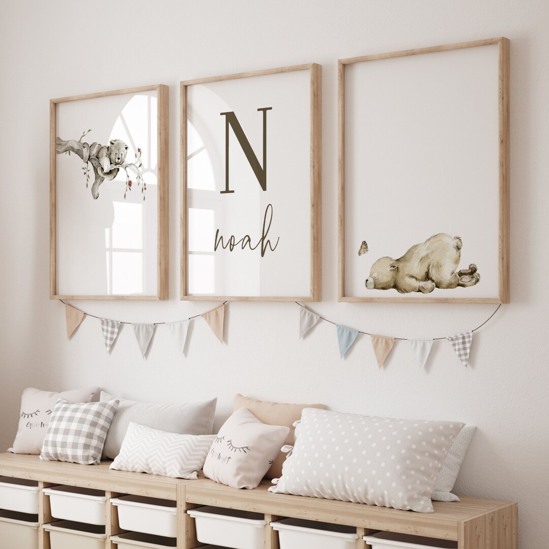 Bear Nursery Wall Decor, Custom Nursery Name Sign Wall Art Set of 3