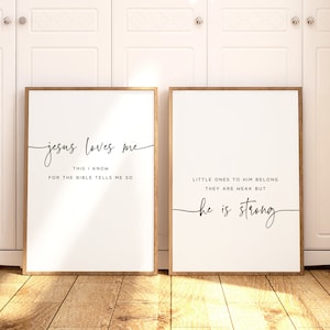 Conjunto de 2 estampas para berçário &quot;Jesus me ama&quot; | Arte de parede cristã para berçário | Decoração minimalista para berçário | Ideia de presente para chá de bebê com estampas da escola dominical