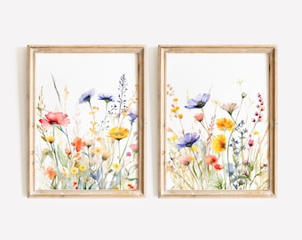 Watercolor Flower Wall Art, Wildflower Print Set of 2, Living Room Decor, Above the Couch