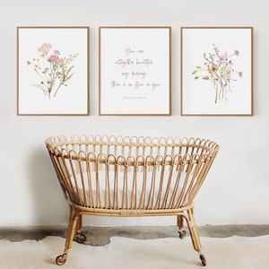 Christian nursery wall art set of 3 with assortment of wildflowers and a Song of Soloman bible verse