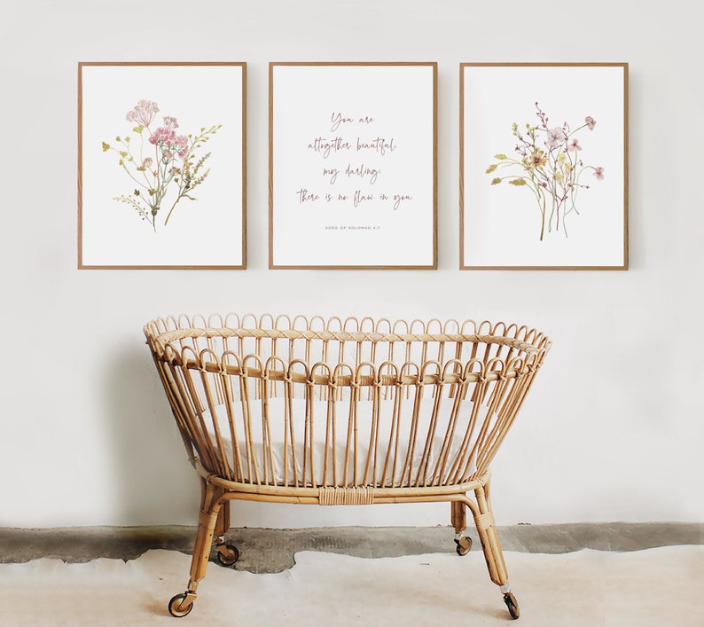 Christian nursery wall art set of 3 with assortment of wildflowers and a Song of Soloman bible verse
