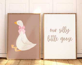 Girl Nursery Print Silly Goose Nursery Wall Art Set of 2 Baby Girl Baby Shower Gift Boho Farmhouse Girl Room Decor Duck with Bow Print Pink