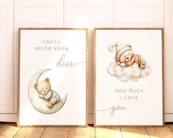 Neutral Nursery Bear Prints: You'll Never Know Dear Wall Art Set Gift