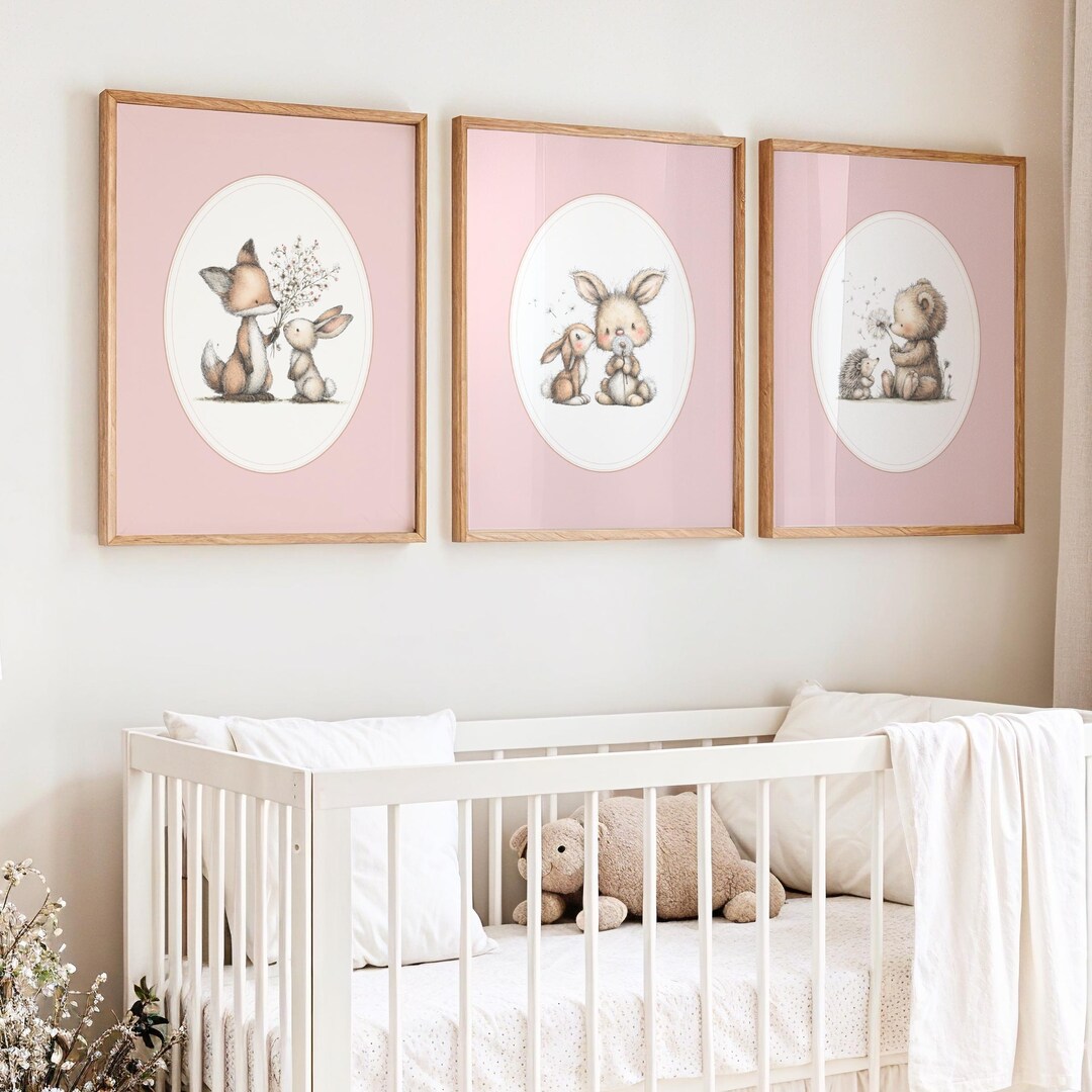 Nursery Prints Animals, Baby Room Wall Art Pink Vintage, Bear and ...