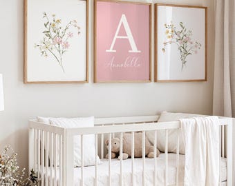 Nursery Wall Art Set of 3 Pink Flowers: Girl Room Print with Name Sign