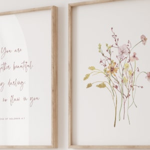 Christian nursery wall art set of 3 with assortment of wildflowers and a Song of Soloman bible verse