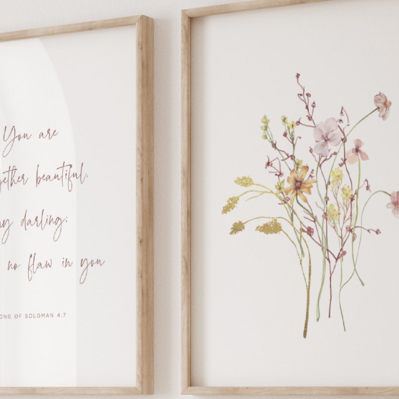 Christian nursery wall art set of 3 with assortment of wildflowers and a Song of Soloman bible verse