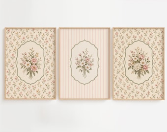Vintage Floral Wall Art Set of 3, Cottagecore Botanical Prints, Antique Flower Decor