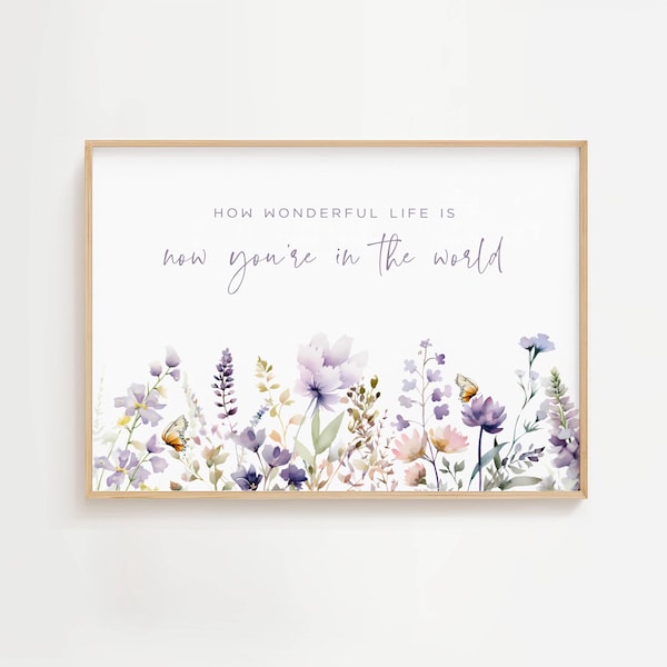 Decoración botánica para habitación infantil, arte de pared con flores silvestres moradas para habitación de niña, impresión para habitación de bebé sobre la cuna, decoración floral de pared, ¡Qué maravillosa es la vida! 1058