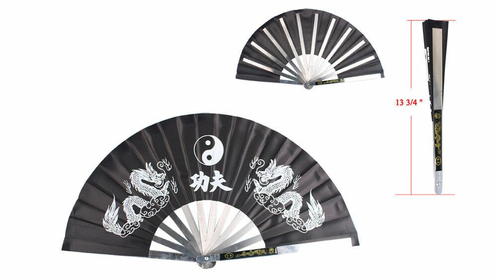 13 Chinese Kung Fu Martial Arts Tai Chi Dragon Stainless Steel Frame Fan Black
