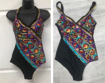 Vintage 80&#39;s Gold & Neon Catalina One Piece Swim Suit
