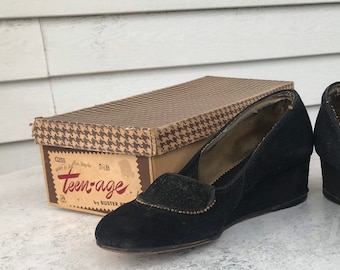 1940er Schwarze Wildleder Keile In Box 5 1/2