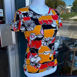 Orange Vintage 60er/70er psychedelischer Flower Power Print Rüschenärmel T-Shirt