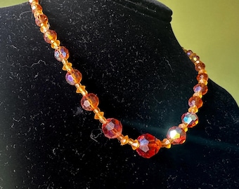 Vintage Mid Century Orange Crystal Opalescent Aurora Borealis Beaded Necklace