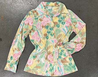 Vintage 70's Psychedelic Pointed Collar Polyester Pastel Floral Shirt Blouse