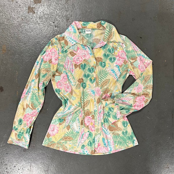 Vintage 70's Psychedelic Pointed Collar Polyester Pastel Floral Shirt Blouse