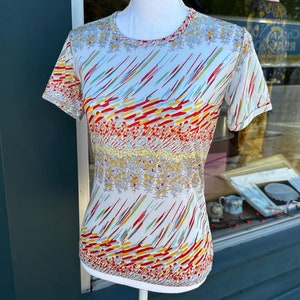 Vintage 70er Psychedelic Flower Power Print Strick T Shirt
