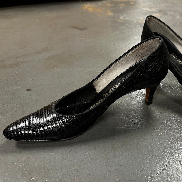 Vintage 50's/60's Black Snake Skin Leather Pointed Toe Stiletto Heels Size 7