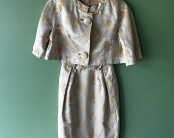Stunning 50's/60's Brocade Satin Golden Cocktail Dress with Matching Jacket!