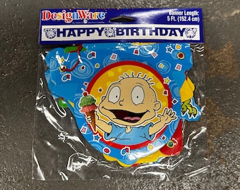 May include: A blue and yellow birthday banner featuring a cartoon character holding an ice cream cone. The banner is 5 ft (152.4 cm) long and has the words "HAPPY BIRTHDAY" printed on it.