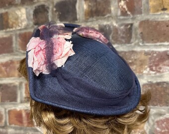 Fab Navy Blue & Pink 40&#39;s Rose Ladies Hat