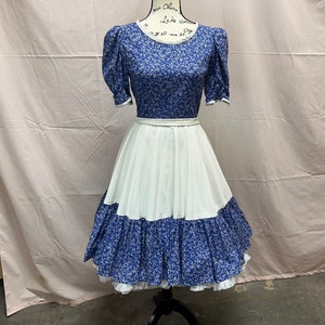 Vintage 70&#39;s Blue Hand Made Square Dancing Costume Prairie Style Cotton Dress