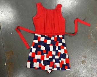 Adorable 60's Patchwork Romper Playsuit W/ Belt!