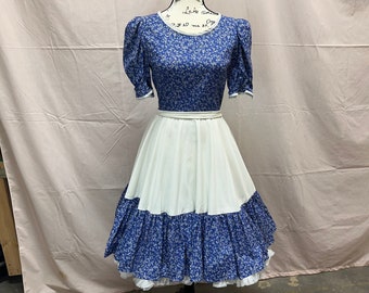 Vintage 70's Blue Hand Made Square Dancing Costume Prairie Style Cotton Dress