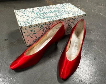 80's Red Satin Dyeables Heels In Box! Size 6.5