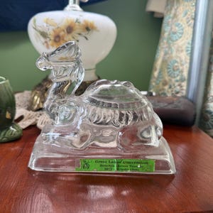 Pode incluir: Estatueta de camelo em vidro transparente com base retangular. O camelo tem corcovas detalhadas e a cabeça levantada. Uma etiqueta verde na base diz "Great Lakes Convention". A estatueta está sobre uma superfície de madeira.